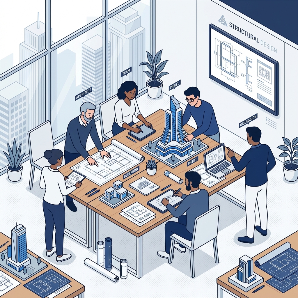 Illustration av ett team ingenj�rer som arbetar med modern teknik