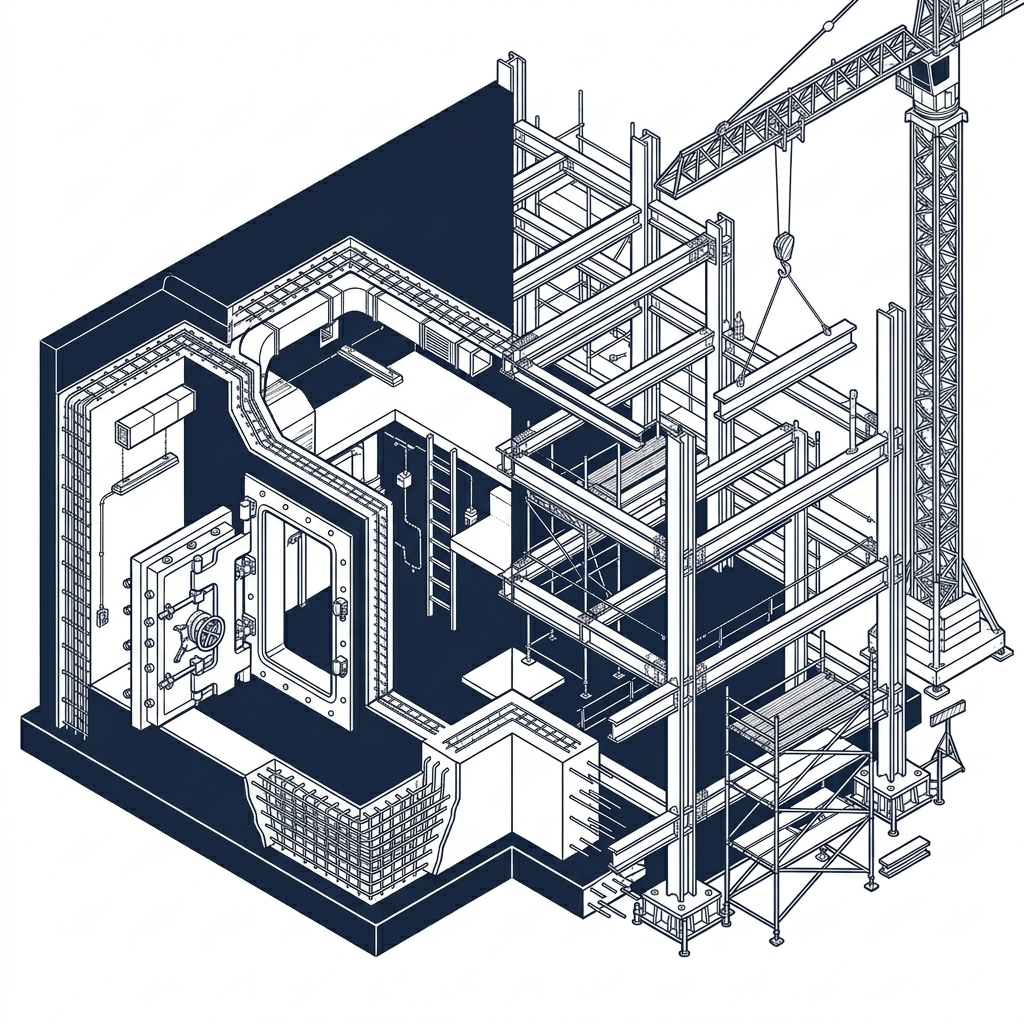 Isometrisk illustration av Global Constructions byggkonstruktion och skyddsrum