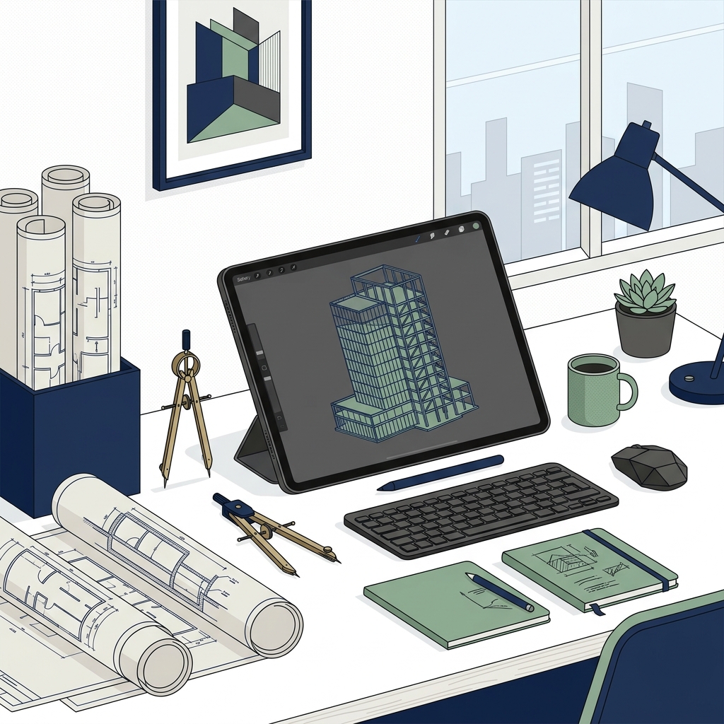 Illustration av arkitektens skrivbord med ritningar och verktyg