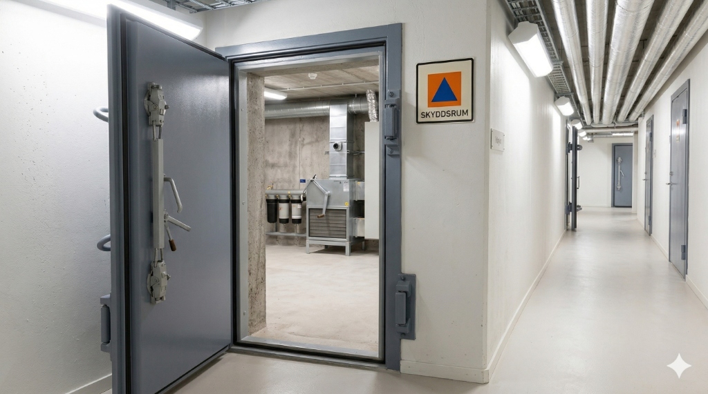 Certifierat skyddsrum med stålförstärkt dörr i industrifastighet